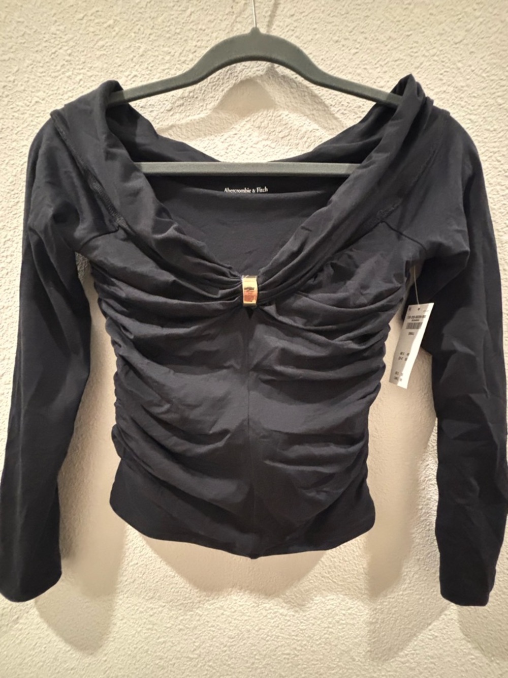 Abercrombie & Fitch Black Ruched Long Sleeve Top with Decorative Accent